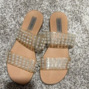 Steve Madden Beige Slide Sandals with Clear Embellished Straps